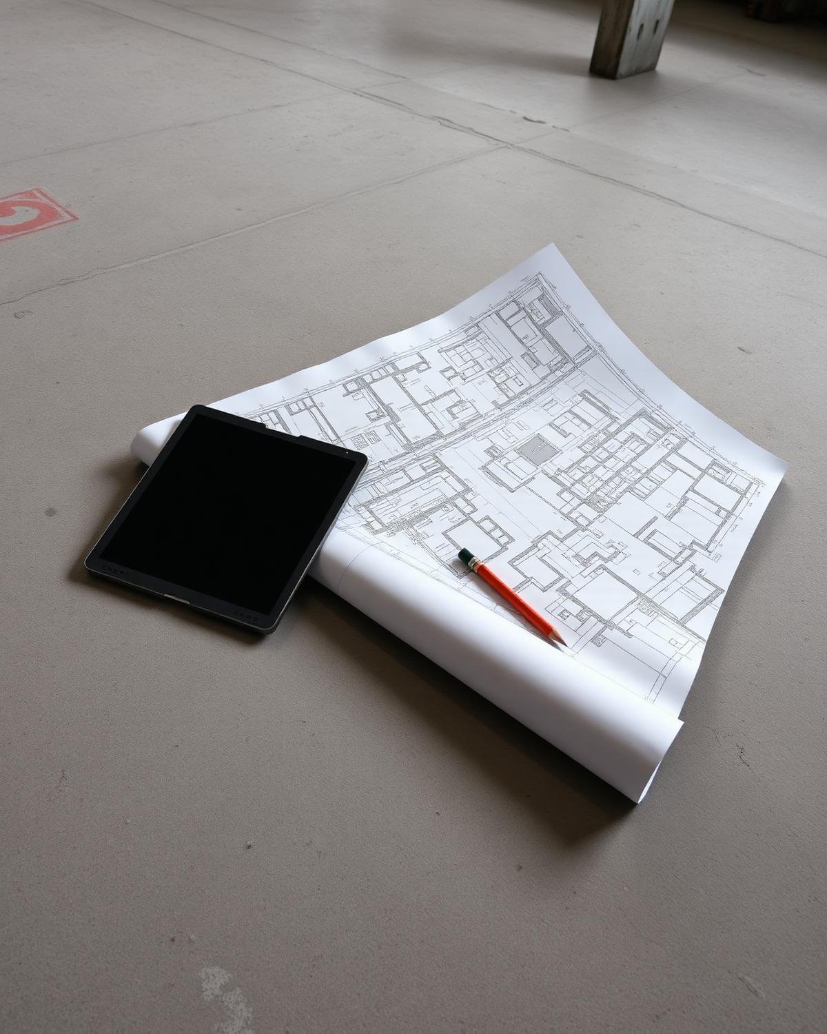 Blueprints unrolled on a construction site